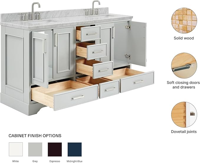 ARIEL Stafford 60-inch Bathroom Vanity with Sink,Solid Wood, 1.5-inch Italian Carrara Marble Countertop, Double Rectangular Porcelain Sink, 4 Soft Closing Doors, 6 Dovetail Drawers, Grey