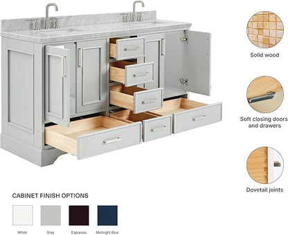 ARIEL Stafford 60-inch Bathroom Vanity with Sink,Solid Wood, 1.5-inch Italian Carrara Marble Countertop, Double Rectangular Porcelain Sink, 4 Soft Closing Doors, 6 Dovetail Drawers, Grey