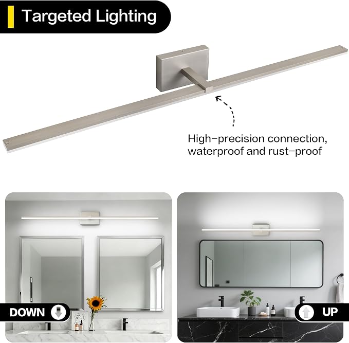48 Inch Bathroom Vanity Lights Over Mirror Brushed Nickel Arm Over Cabinet Wide LED Bar 32W 2560lm 6000K ETL IP44