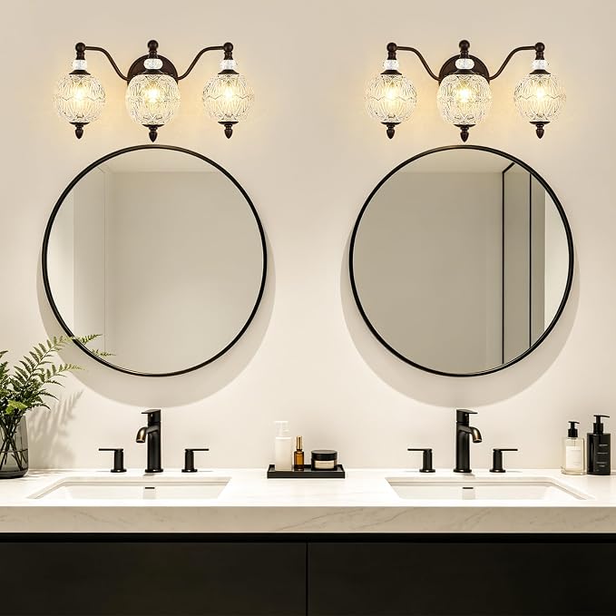 Vintage Bathroom Vanity Light, 3-Light Mid Century Oil Rubbed Bronze Finish Wall Sconce with Globe Glass Shades, Retro Mirror Light for Bathroom, Powder Room