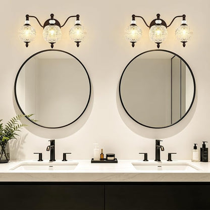 Vintage Bathroom Vanity Light, 3-Light Mid Century Oil Rubbed Bronze Finish Wall Sconce with Globe Glass Shades, Retro Mirror Light for Bathroom, Powder Room