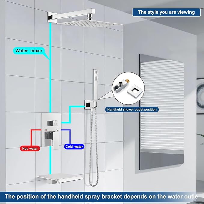 Midanya Shower System with Tub Spout,12 Inch Shower Head,Polish Chrome | with Valve & Trim Kit,Square Rain Head,Handheld Sprayer,Waterfall Spout,All Metal Wall Mount Bathroom Shower Tub Faucet Set