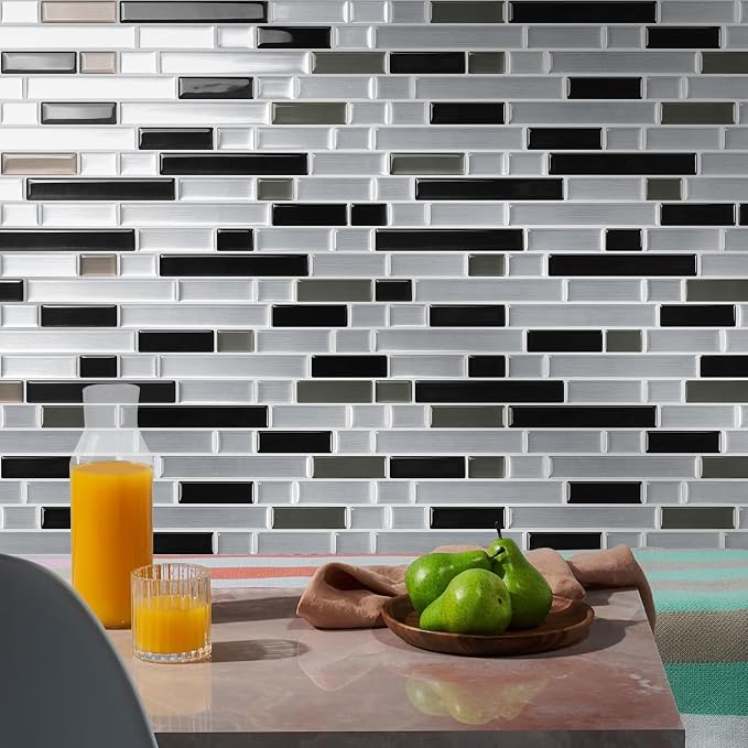 STICKGOO Thicker Peel and Stick Backsplash Tile for Kitchen and Bathroom | 10 Sheets of 12”×12” - 3D Vinyl Self Adhesive Wall Tiles Stick on Backsplash for Kitchen & Bathroom(Silver, Black)