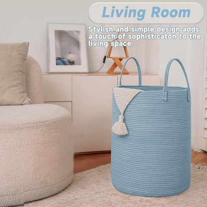 JMvicyroam 60L Cotton Rope Laundry Basket Hamper, Blue | Collapsible laundry basket, reinforced handles, freestanding, machine washable, holds 3-5 thick blankets, clothes or toys