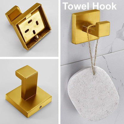 5-Piece Brushed Gold Bathroom Hardware Accessory Set Including 24inch Towel Bar Toilet Paper Holder Towel Holder Robe Hook Premium SUS 304 Stainless Steel Wall Mounted Square Style,Rustproof