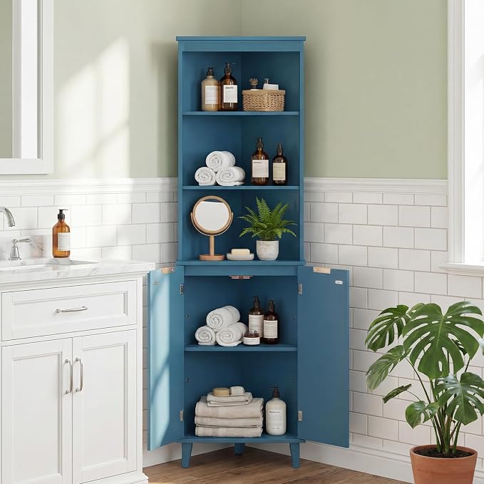 Giantex 68" Tall Corner Cabinet with Fluted Doors (Navy Blue) | Modern Bathroom Floor Storage Cabinet, 6-Tier Space Saver Display Shelves for Kitchen, Living Room, Hallway, Laundry