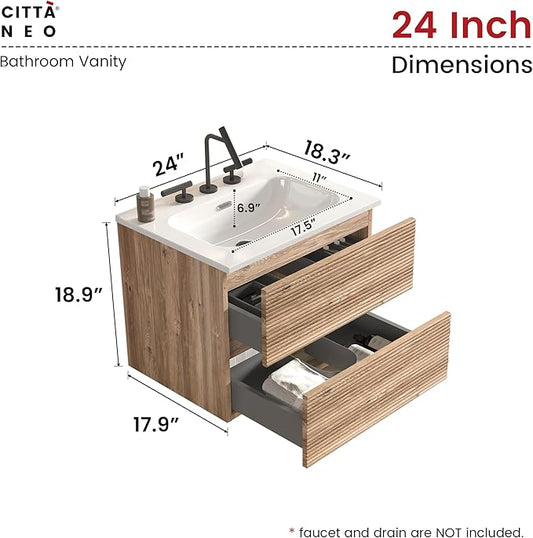 24" Floating Bathroom Vanity with Sink, Modern Wall Mounted Floating Vanity with Ceramic Sink, Double Soft-Close Drawers for Small Space, Apartment, Rough Oak