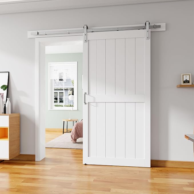 40''x84'' Sliding Barn Door with 7 Ft Brushed Nickel Hardware Kit | Pre-Drilled Holes Easy Assembly - Include Installation Manual, Water-Proof PVC Surface, H-Frame, White