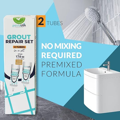 Premixed Tile Grout Repair- Sand Beige 2-Pack (17.6oz/500g) | Acrylic sanded formula, for bathroom shower kitchen tile, water-resistant, 24-hour cure, 58 sq ft, value 2-pack