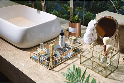 PuTwo Tray Mirror, Gold Dresser Ornate Tray Metal Decorative Tray Jewelry Perfume Organizer Makeup Tray for Vanity, Dresser, Bathroom, Bedroom | Gold Tray Jewelry Perfume Organizer Makeup Tray for Vanity Dresser Bathroom Bedroom