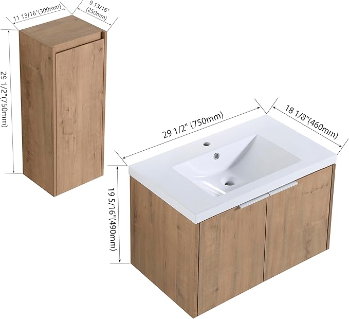 Henf 30" Floating Bathroom Vanity with Sink for Compact Space, Brown Wall Mount Bathroom Vanity Cabinet with Sink Combo, 30 Inch Bathroom Vanities Set with Side Cabinet Floating Cabinet