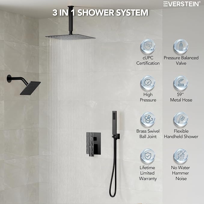 10" High-Pressure Rainfall Shower Faucet, Celling Mount Dual Shower Head System, Matte Black