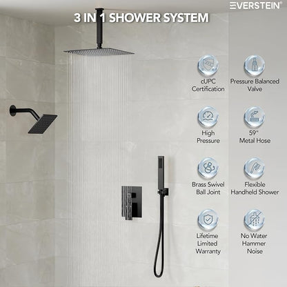 10" High-Pressure Rainfall Shower Faucet, Celling Mount Dual Shower Head System, Matte Black