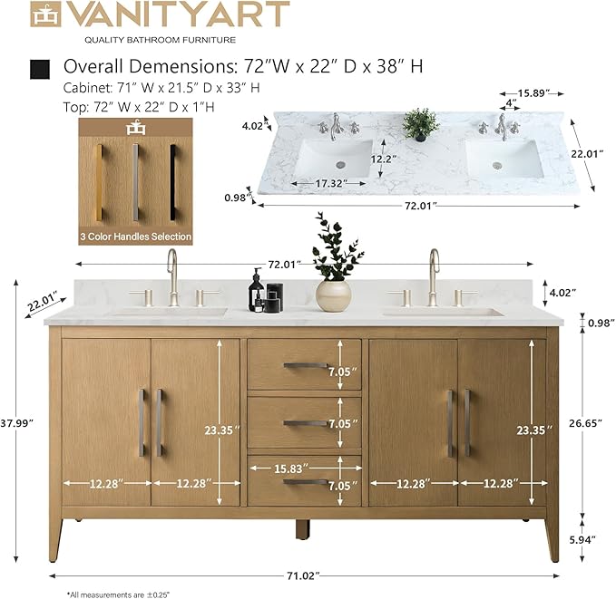 Vanity Art 72 inch Bathroom Vanity with Double Sink & Ceramic Top, Vanity Cabinet with Soft-Closing Doors, Drawers, Solid Wood Frame, Natural Oak, Golden Brushed Handware