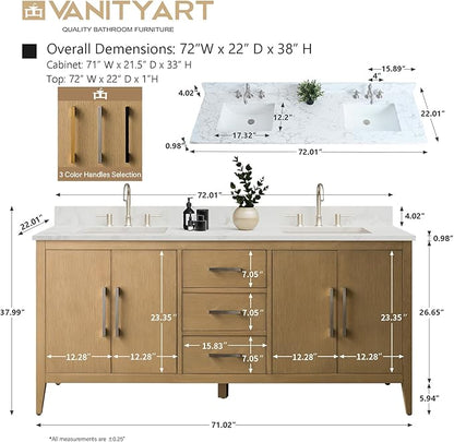Vanity Art 72 inch Bathroom Vanity with Double Sink & Ceramic Top, Vanity Cabinet with Soft-Closing Doors, Drawers, Solid Wood Frame, Natural Oak, Golden Brushed Handware