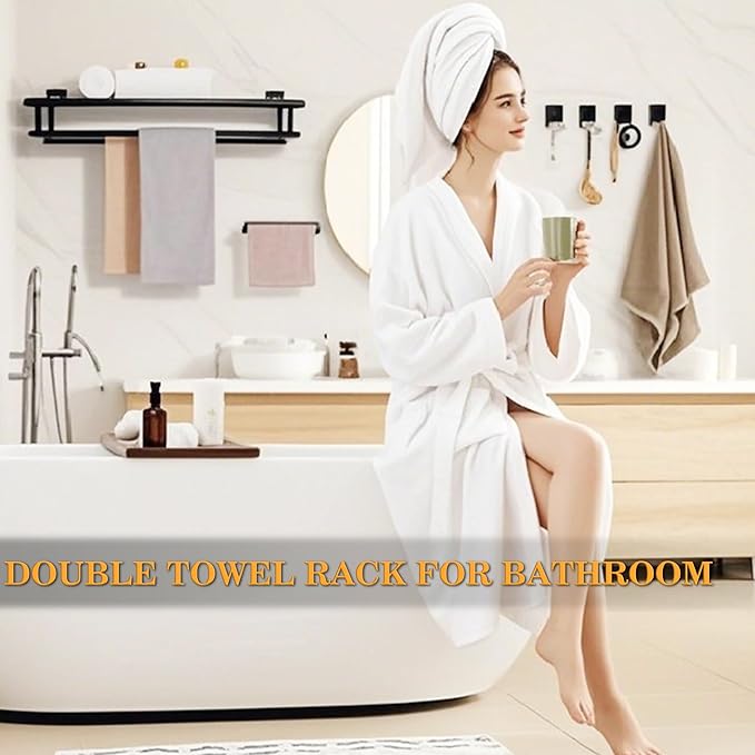 Alise Double Towel Rack for Bathroom Wall Mounted 20 Inch,Matte Black | SUS304 Stainless Steel Towel Rack with Shelf,Bathroom Tower Holder Towel Shelf with Double Towel Bars for Bath Kitchen