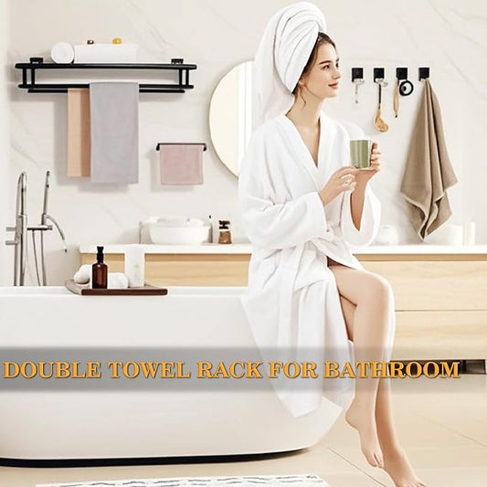 Alise Double Towel Rack for Bathroom Wall Mounted 16 Inch,Matte Black | Bathroom Tower Holder Towel Shelf with Double Towel Bars,SUS304 Stainless Steel Towel Rack with Shelf for Lavatory Kitchen
