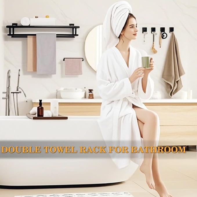 Alise Double Towel Racks for Bathroom Wall Mount 24 Inch,Matte Black | Bathroom Tower Holder Towel Shelf with Double Towel Bars,SUS304 Stainless Steel Towel Hanger for Bathroom Lavatory Kitchen