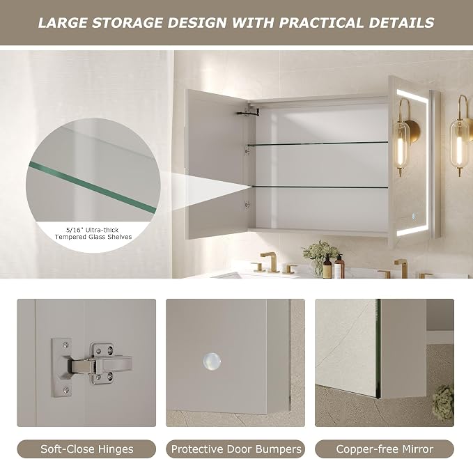 DeerValley Led Lighted Medicine Cabinet with Mirror, 48" W x 32" H | Mirrored Medicine Cabinet with Lights for Bathroom with Defogger & Dimmable 3-Color, DV-1VM0186