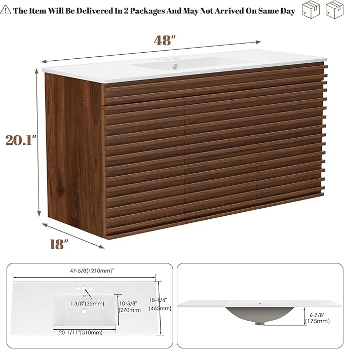 ROOMTEC 48" Bathroom Vanity with Ceramic Sink Combo, Mid-Century Wall Mounted Floating Vanity Cabinet with 2 Closing Doors, Wood Grain Texture, Walnut