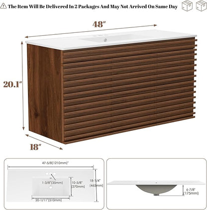 ROOMTEC 48" Bathroom Vanity with Ceramic Sink Combo, Mid-Century Wall Mounted Floating Vanity Cabinet with 2 Closing Doors, Wood Grain Texture, Walnut