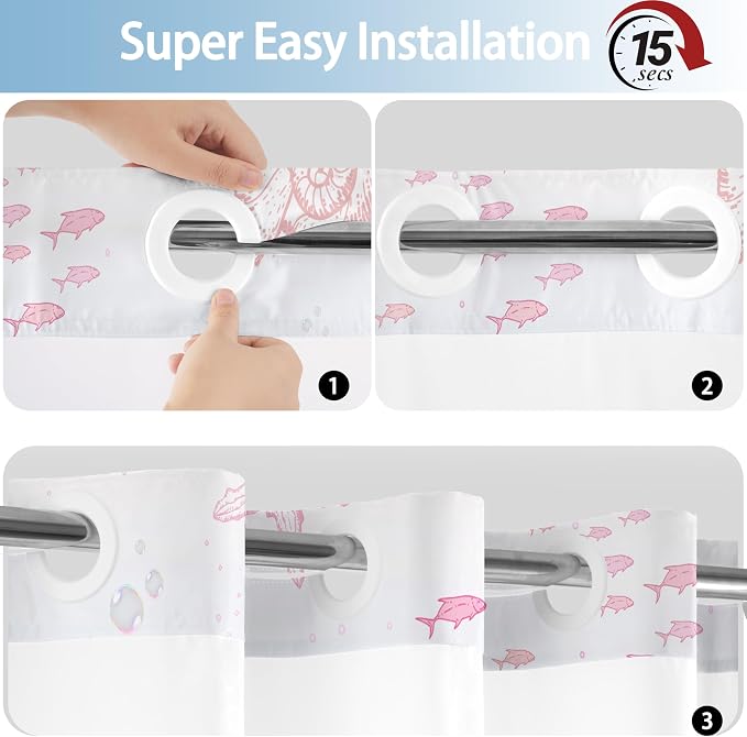 No Hook Shower Curtain and Liner Set, Blue Pink Beach Coastal 71x74 | Nautical Ocean for Bathroom, with Snap in Liner Replacement, Mesh Top Window, Waterproof, Machine Washable, Quick-Drying