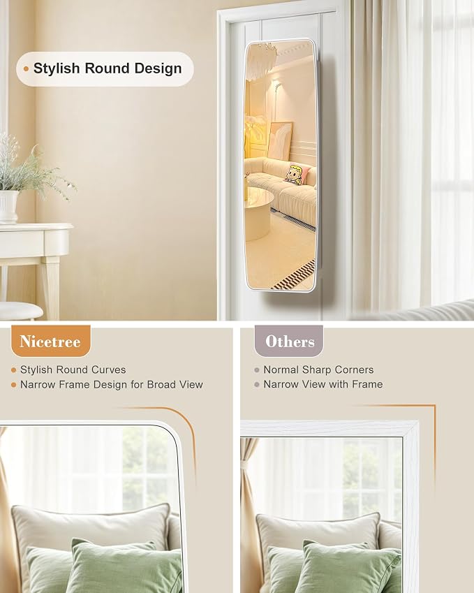 Nicetree Rounded Mirror Jewelry Cabinet, Lockable, Wall Mounted, Moon White | Hanging Jewelry Armoire Organizer, Rounded Armoire with Full Length Mirror, Wide Mirror with Storage, Gift Idea,Lock