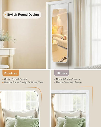 Nicetree Rounded Mirror Jewelry Cabinet, Lockable, Wall Mounted, Moon White | Hanging Jewelry Armoire Organizer, Rounded Armoire with Full Length Mirror, Wide Mirror with Storage, Gift Idea,Lock