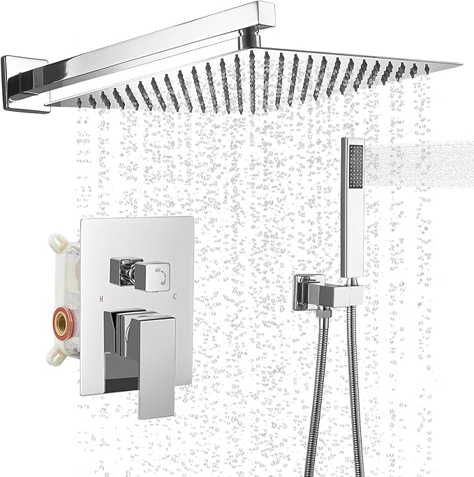 BWE 10 Inch Square Bathroom Luxury Rain Mixer Shower Combo Set Wall Mounted Shower Kit Rainfall Shower Head System Polished Chrome Shower Faucet Rough-in Valve Body and Trim Included