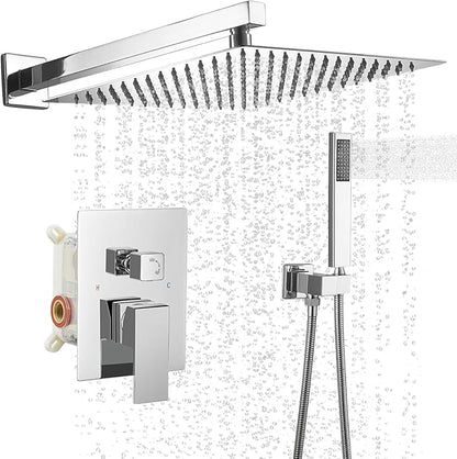BWE 10 Inch Square Bathroom Luxury Rain Mixer Shower Combo Set Wall Mounted Shower Kit Rainfall Shower Head System Polished Chrome Shower Faucet Rough-in Valve Body and Trim Included