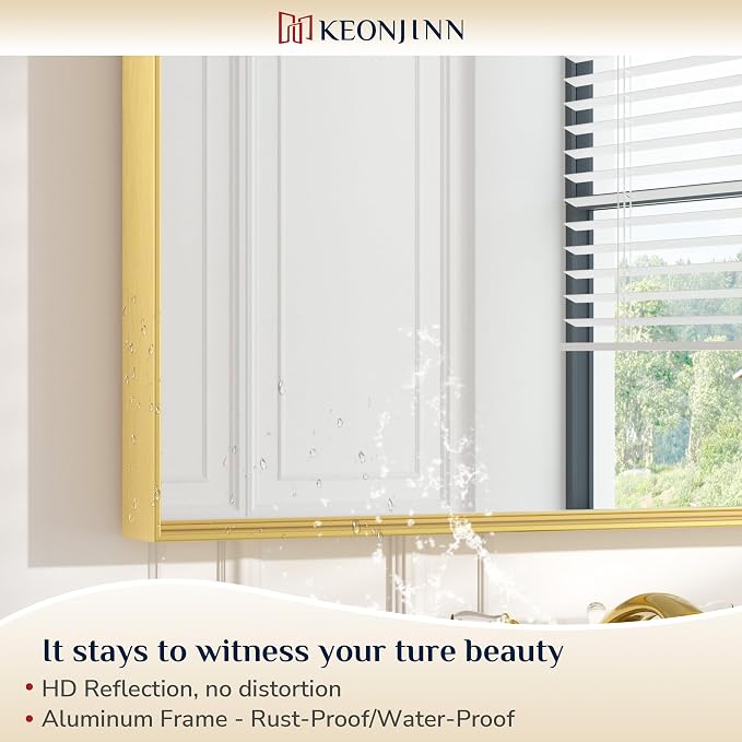 Keonjinn 60x40 Inch Gold Bathroom Mirror for Over Sink, Rectangular | HD Tempered Glass, Vanity Mirror, Brushed Framed, Square Corner, Modern Farmhouse, Wall Mounted Mirrors, Aluminum Alloy