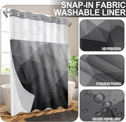No Hook Shower Curtain with Snap in Liner Set, Black, 71x74 | Waterproof Fabric for Bathroom, Modern Hotel Style Ombre Design, Mesh Top Window, Machine Washable, Quick Install