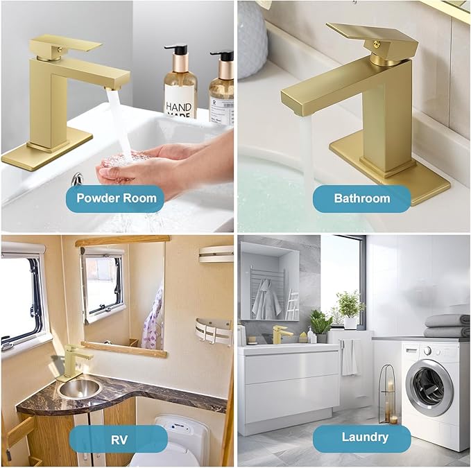 Brushed Gold Single Handle Bathroom Sink Faucet PONAFOU Stainless Steel Vanity Faucet with Pop-Up Drain and Deck
