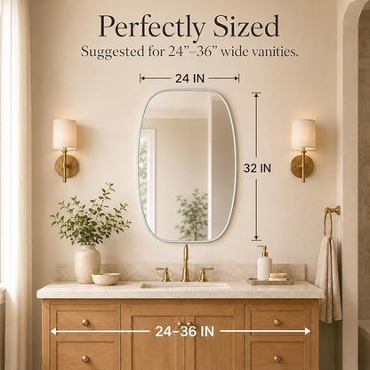 Silver Oval Bathroom Mirrors 24x32 Inch | Oblong Vanity Mirror, Crystal-Clear HD Glass, Rust-Proof Aluminum Frame, Inner-Curved Decor for Bedroom, Entryway