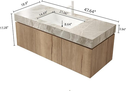 LKTART Floating 48 Inch Bathroom Vanity with Sink, Modern Plywood Wall Mounted Bathroom Storage Cabinet with 2 Doors and 1 Drawer, Roma Travertine-Pattern Sintered Stone Countertop and Ceramic Basins