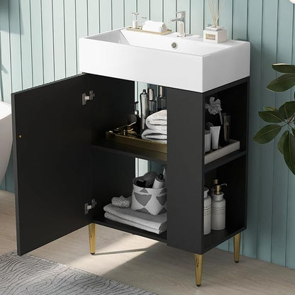 21.6 in Small Bathroom Vanity with Sink,Doors and Storage Shelves,Wood Modern Single Fluted Bathroom Sink Cabinet Freestanding (Black,Right Shelf)