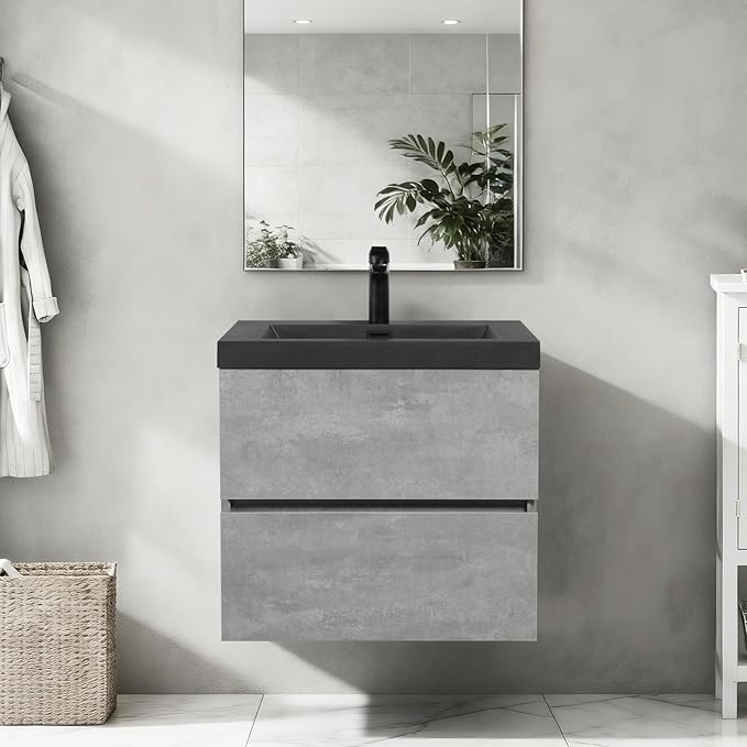 Floating Vanity Bathroom, 24 Inch Bathroom Vanity with Sink, Wall Mounted Single Sink Bathroom Vanity, Soft Closed 2 Drawers, Integrated Sink (Dark Birch)