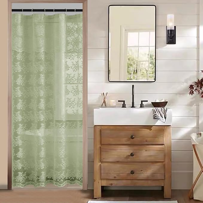 TUDECO Stand Up Sage Green Lace Shower Curtain with Valance, 36''W x 72''L | Vintage Floral, Semi-Sheer, Antique, Scalloped Edges, Reinforced Holes Top, Machine Washable, 1 Panel