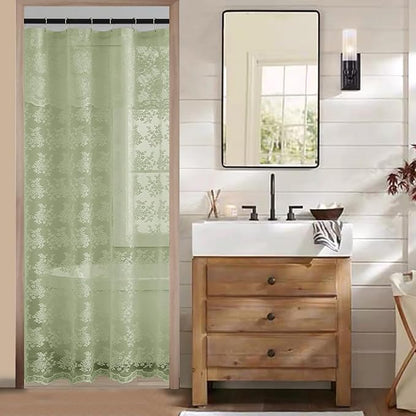 TUDECO Stand Up Sage Green Lace Shower Curtain with Valance, 36''W x 72''L | Vintage Floral, Semi-Sheer, Antique, Scalloped Edges, Reinforced Holes Top, Machine Washable, 1 Panel