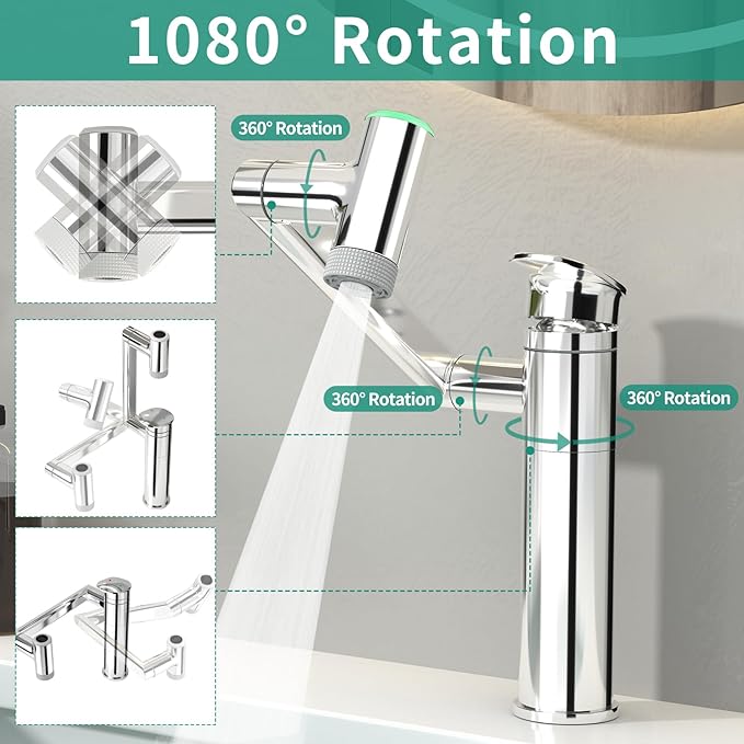 Modern Bathroom Faucet 1 Hole with Temperature Display(Batteries-Free), 1080° Rotatable Single Hole Bathroom Faucet, Single Handle Bathroom Vanity Faucets, 2 Spray Modes (Chrome)