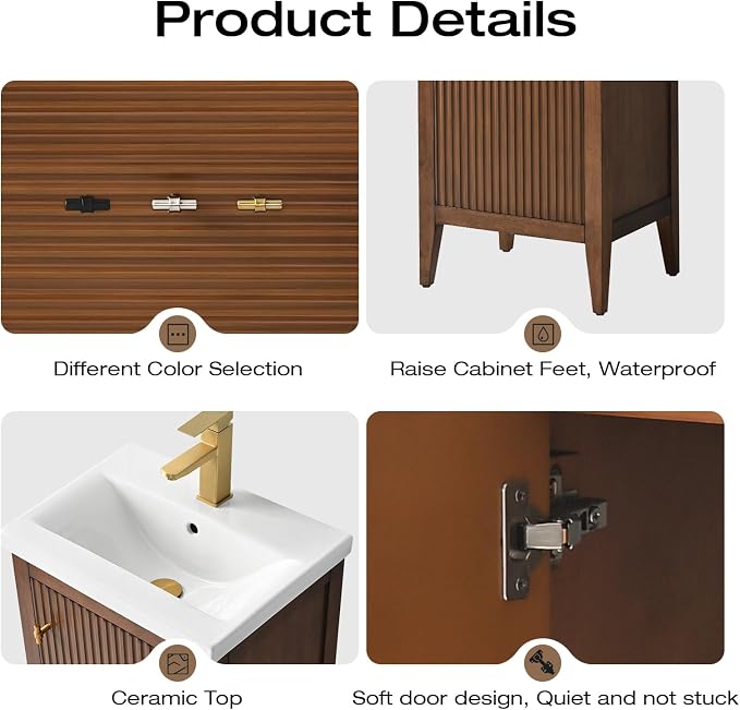 Vanity Art 20 inch Walnut Bathroom Vanity with Single Sink & Ceramic Top, Vanity Cabinet with Soft-Closing Door, Solid Wood Frame, Linear Pattern, Walnut, VA9120-Walnut-MB,Matte Black Handles