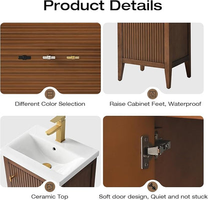 Vanity Art 20 inch Walnut Bathroom Vanity with Single Sink & Ceramic Top, Vanity Cabinet with Soft-Closing Door, Solid Wood Frame, Linear Pattern, Walnut, VA9120-Walnut-MB,Matte Black Handles