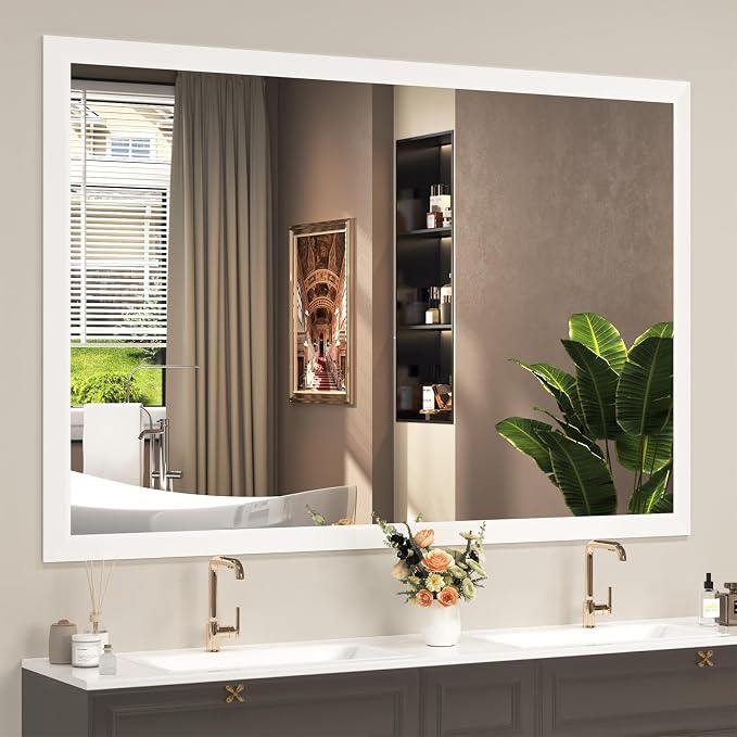 SMIROR 60x40 Matte White Bathroom Vanity Mirror for Over Sink | Metal Wide Frame, Rectangle, Right- Angle Corner, Anti-Rust, Horizontally or Vertically Wall- Mounted for Home Remodel