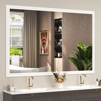 SMIROR 60x40 Matte White Bathroom Vanity Mirror for Over Sink | Metal Wide Frame, Rectangle, Right- Angle Corner, Anti-Rust, Horizontally or Vertically Wall- Mounted for Home Remodel