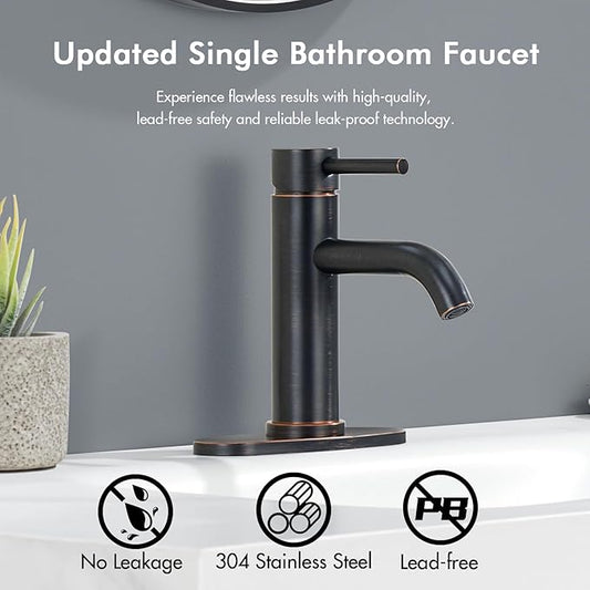 Oil Rubbed Bronze Bathroom Faucet, WINKEAR Single Hole Faucet with Pop-up Drain and Flexible Hoses, Single Handle Faucet for Bathroom Sink, Vanity, RV, Modern Farmhouse, Suitable for 1 Hole or 3 Hole