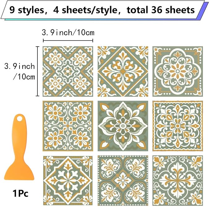 36Pcs 9 Styles Bohemian Peel and Stick Tile 4 x 4 Inch Ceramic Tile Decals Square Green Boho Style Waterproof PVC Decals for Kitchen Bathroom Backsplash Furniture Staircase DIY Home Decor