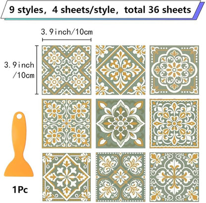 36Pcs 9 Styles Bohemian Peel and Stick Tile 4 x 4 Inch Ceramic Tile Decals Square Green Boho Style Waterproof PVC Decals for Kitchen Bathroom Backsplash Furniture Staircase DIY Home Decor
