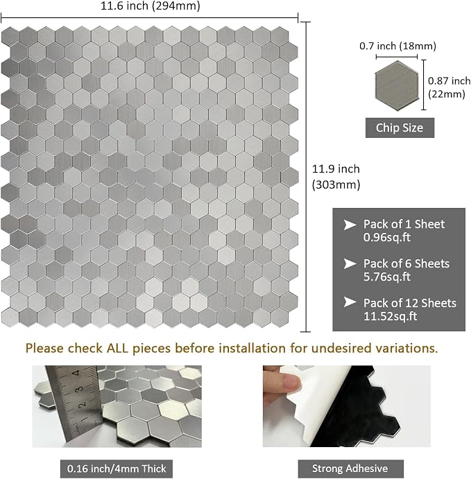Mini Hexagon Peel and Stick Backsplash, Self Adhesive Stainless Steel Honeycomb Wall Tiles Stick on Backsplash for Kitchen Bathroom (12 Sheets)