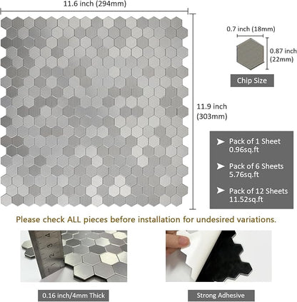 Mini Hexagon Peel and Stick Backsplash, Self Adhesive Stainless Steel Honeycomb Wall Tiles Stick on Backsplash for Kitchen Bathroom (12 Sheets)