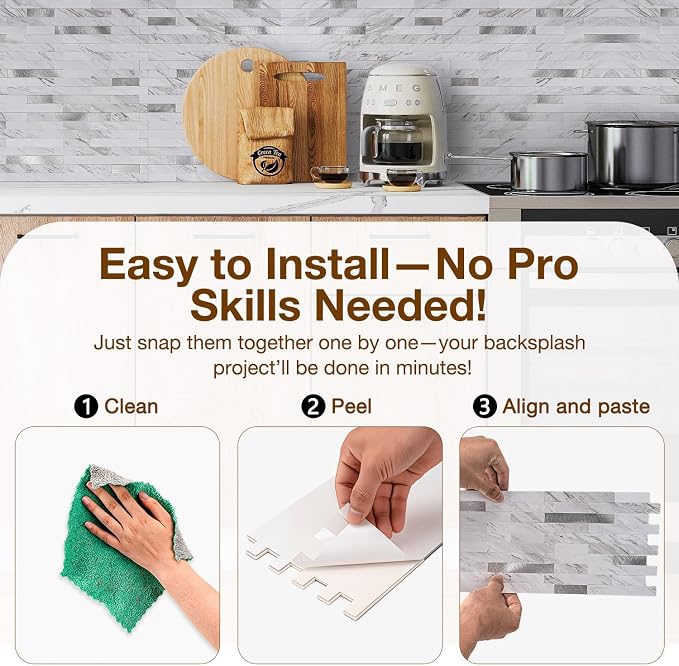 Peel and Stick Backsplash Tile Waterproof Removable PVC Wall Sticker 3D Faux Stone Marble Brick White Accent Panels (White Marble - Metal Silver, 20 Tiles - 9 sq. ft. (0.84 M²))
